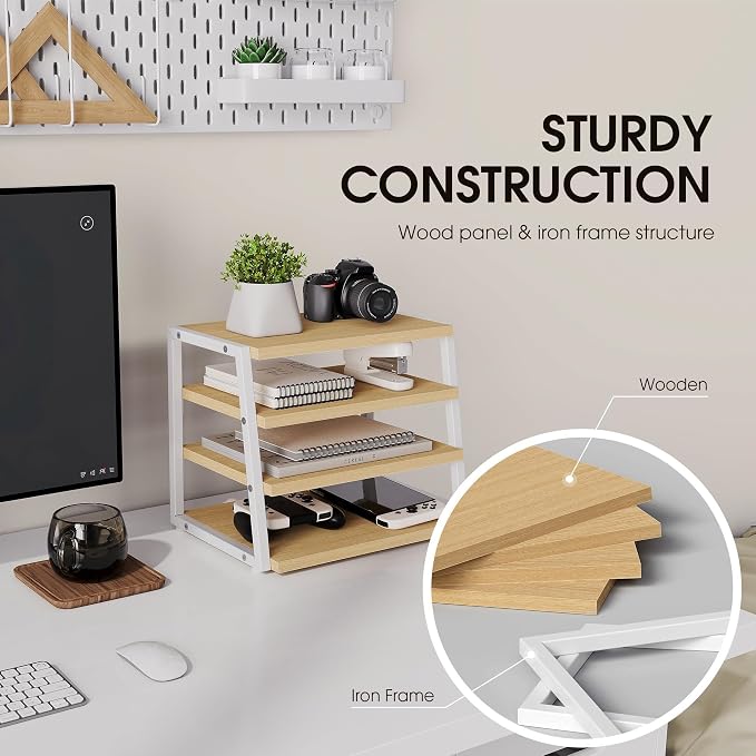 Fenge Desk Shelf Organizer, 4-Tier Tower Desktop Office Shelves, Oak | Wood and Metal Open Shelf, Corner File Organizer for Office Supplies, Top of Desk Organizers and Accessories