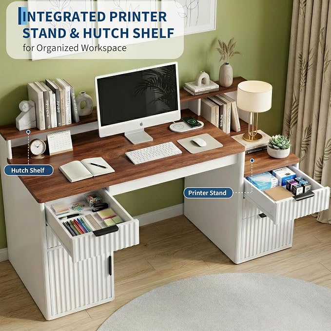 Rectangular Computer Desk with Hutch & Printer Stand, Ripple Door Storage Home Office Desk, Space-Saving Study Writing Desk for Bedroom, Sturdy Board Student Desk with Easy Assembly, Brown & White