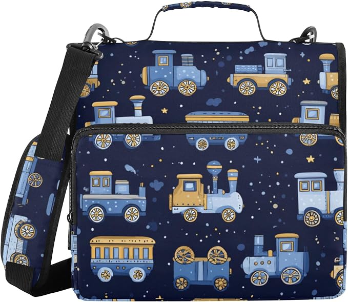 Fisyme Trains Cute Blue Zipper Binder 3 Ring with Zipper and Shoulder Strap Large Capacity Multi-Pocket Binder Organizer
