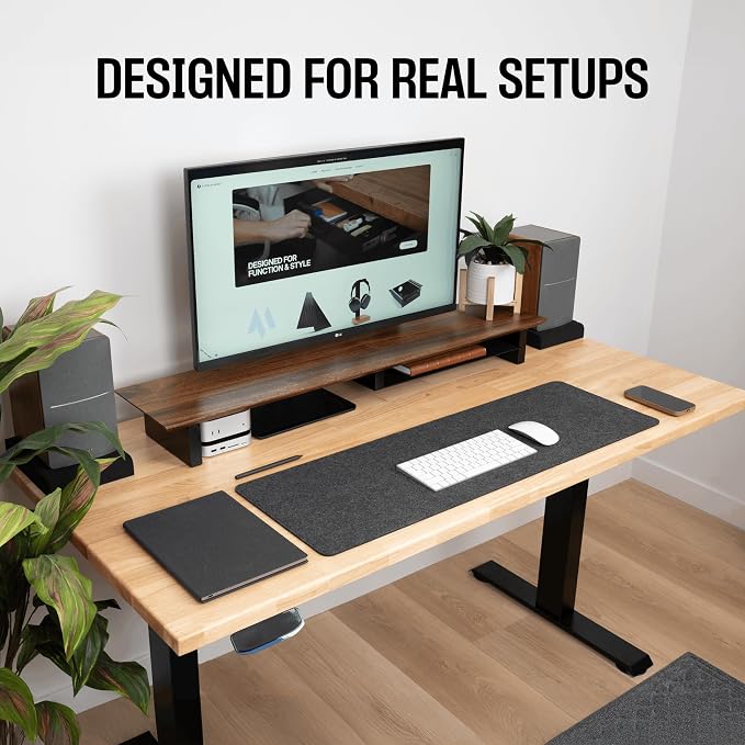 COREMINDED Solid Wood Dual Monitor Stand Riser, 42 Inch Walnut Desk Shelf | Fits 2 Monitors, Sturdy & Stable Solid Wood, Under Monitor Keyboard Storage, Office Desktop Organizer, Easy Assembly, Walnut