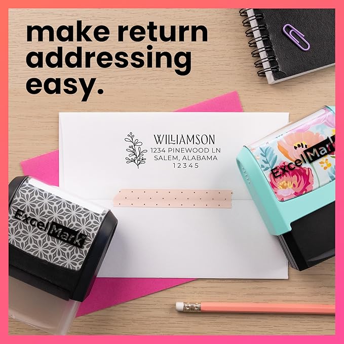 ExcelMark Address Stamp - Custom Return Address Stamp with Elegant Designs, Vibrant Colors & Patterns – Perfect for Mail, Invitations & Gifts (Violet Mount, Foliage Edge)