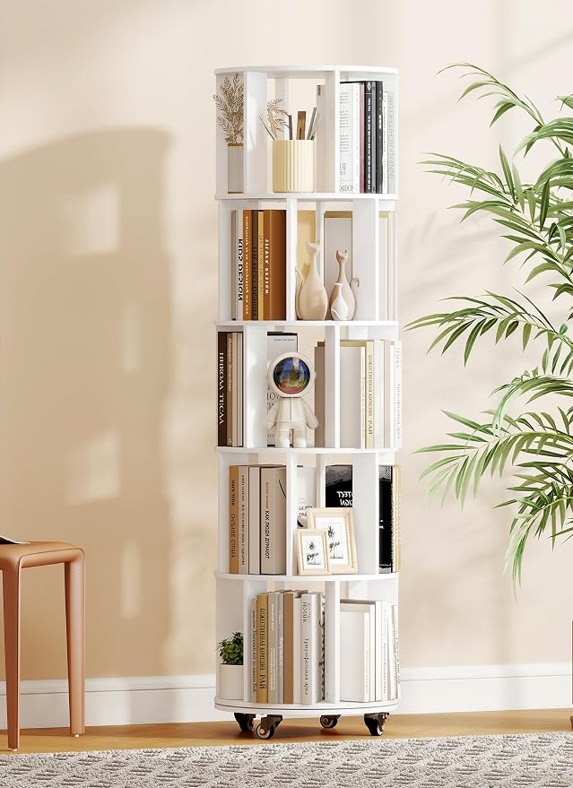 5 Tier 360° Rotating Bookshelf with Larger Capacity, Adjustable Small Space Bookcase on Wheels, Revolving Round Bookshelves, Tall Storage Book Shelf Tower for Bedroom Office Kids Room (White)