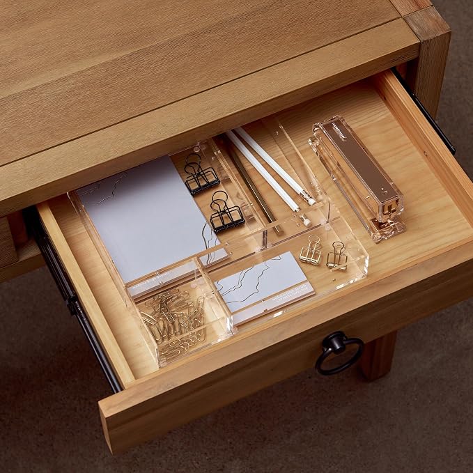 Russell+Hazel Large Acrylic Desk Drawer Organizer, Clear, 6"x6" | Keeps notepads & supplies neat on a desk or in a drawer. Clear acrylic with polished edges, a gold magnet & non-slip feet.