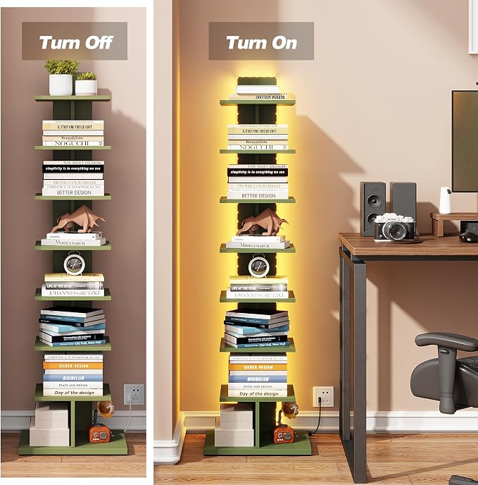 TUTOTAK Book Shelf, Narrow Spine Bookshelf, 8-Tier Bookcase with LED Lights | 10.4 x 13.4 x 47.5 Inches Vertical Freestanding Corner Shelf for Living Room, Office, Small Space, Olive Green BS06BOG008L