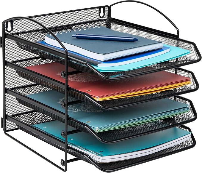 Mind Reader 4-Tier Paper Tray, File Storage, Desktop Organizer, Wall Mountable, File Organization, Metal Mesh, Black
