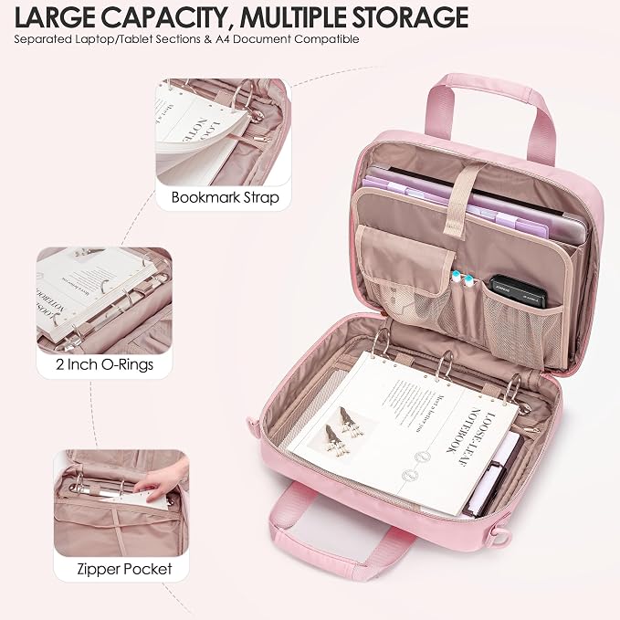 3 Ring Zipper Binder, 2 Inch Ring Binder Organizer Bag with Strap | Binder Bag Fits 13" Laptop & 500 Sheets, Detachable Shoulder Strap, Large Capacity Zip Up Portfolio Folder Bag for Office
