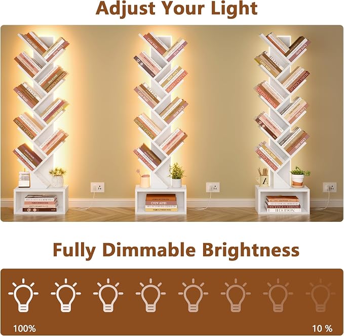 Hoctieon 9 Tier Tree Bookshelf, Tall Bookcase, Freestanding Book Shelf with LED Lights, Display Floor Standing Storage Shelf, Book Organizer Shelves for Home Office, Living Room, White