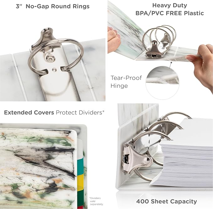 Carstens Limited Edition 3-Inch Green Marble Heavy Duty 3-Ring Binder – Side Opening, Waterproof, Durable Plastic, No-Gap Rings, Holds 400 Sheets, BPA-Free, Made in USA (1719-3R)