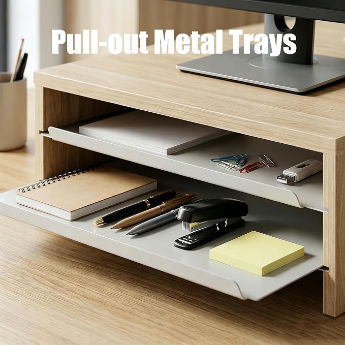 Fenge 14.3-Inch Monitor Stand with Slide-Out Trays, Wood & Metal Desk Shelf | 3-Tier Space-Saving Desk Storage Organizer, Fits Computer, Laptop, Printer and Telephone