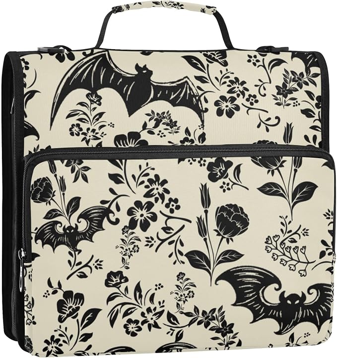 Goth Bat Flowers Binder Bag 3 Ring Zipper with Handle Shoulder Strap | for School Work Office Organizer Storage Case