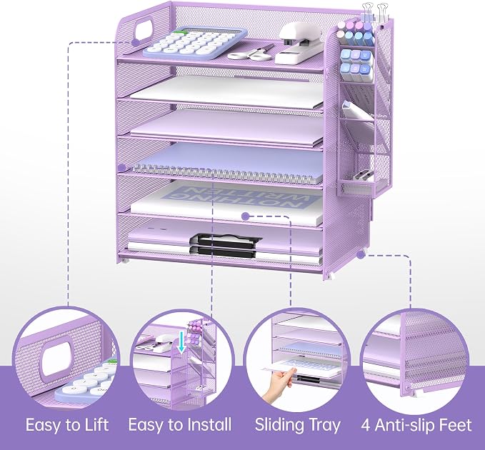 6 Tier Desk Organizer with 4 Pen Holders & Mesh Paper Trays Purple | 6 Tiers Paper Organizer, File Organizer Letter Tray with Handle for A4 Files, Folders, Mail and Office Supplies