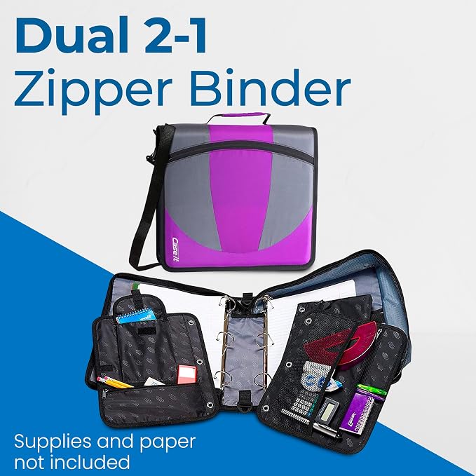 Case-it Dual Binder | Two 1.5" D-Rings | 600-Sheet | Dual-101 Deep Purple | Dual 2-in-1, Pencil Pouch, Multiple Pockets, School & Office Organizer, Shoulder Strap