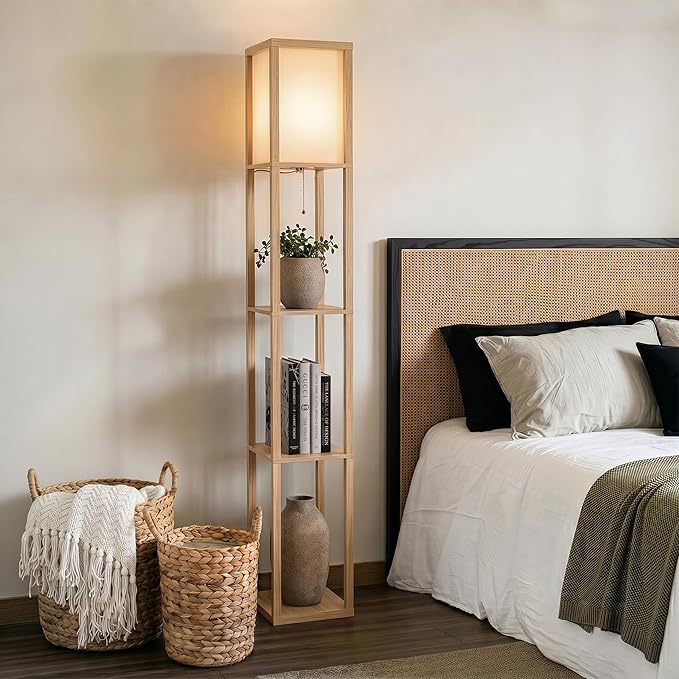 Brightech Maxwell - Modern Shelf Floor Lamp with Lamp Shade & Warm White LED Bulb, Corner Display Floor Lamp with Shelves for Living Room, Bedroom, Nightstand Office, Home Decor Storage - Natural Wood