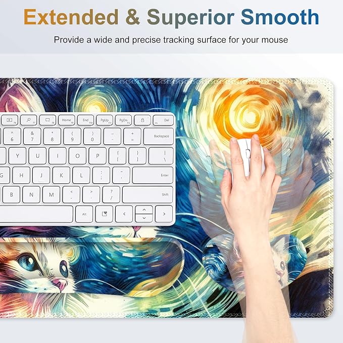 Large Gaming Mouse Pad Set, 4 in 1 Ergonomics Keyboard Desk Mat Memory Foam Wrist Rest, Computer PC Extended Game Mousepad, Non-Slip Desk Matt Easy Typing Pain Relief I Starry Night Art Cat