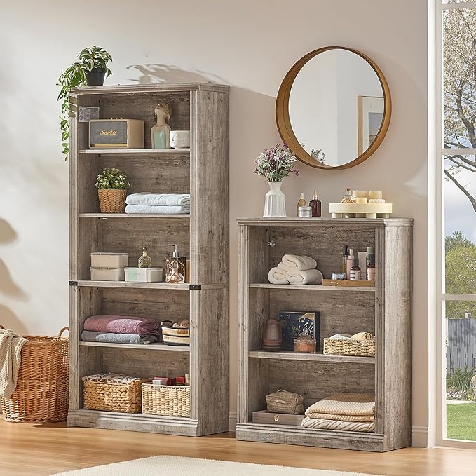 RWYHG 70" Grey Tall Bookshelf Set of 2,5-Tier Thick Wooden Book Shelf with Adjustable Shelves,Free Standing Farmhouse Bookcase with Open Display Storage,Floor Vintage Bookshelves for Living Room