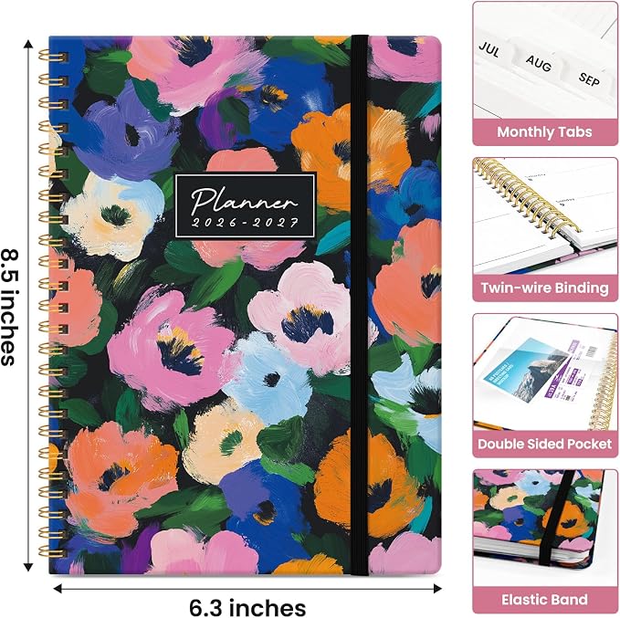 Taja Planner 2026-2027, Jul 2026-Jun 2027 Monthly & Weekly Calendar Planner | 6.3" x 8.5", Hardcover Academic Calendar, Teacher Student Agenda Book with Tabs, School Office Supplies, Vivid Garden