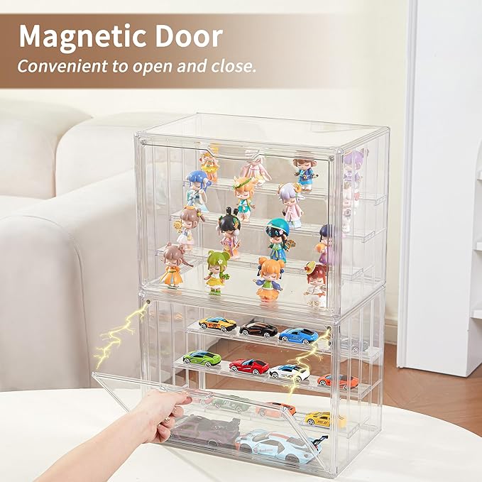 4 Layer Stackable Acrylic Figure Case for Collectibles Display Box,3 Pack | Removable Adjustable Partitions & Magnetic Door,Interlocking Stable Design,Dustproof Cover for Figurine Storage