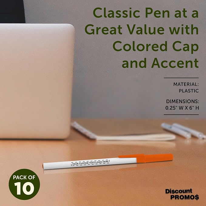 DISCOUNT PROMOS Custom Value Stick Pens Set of 10, Personalized Bulk Pack - Blue Ink, Great for Office, School, Business, Tradeshows, Events - Orange Cap