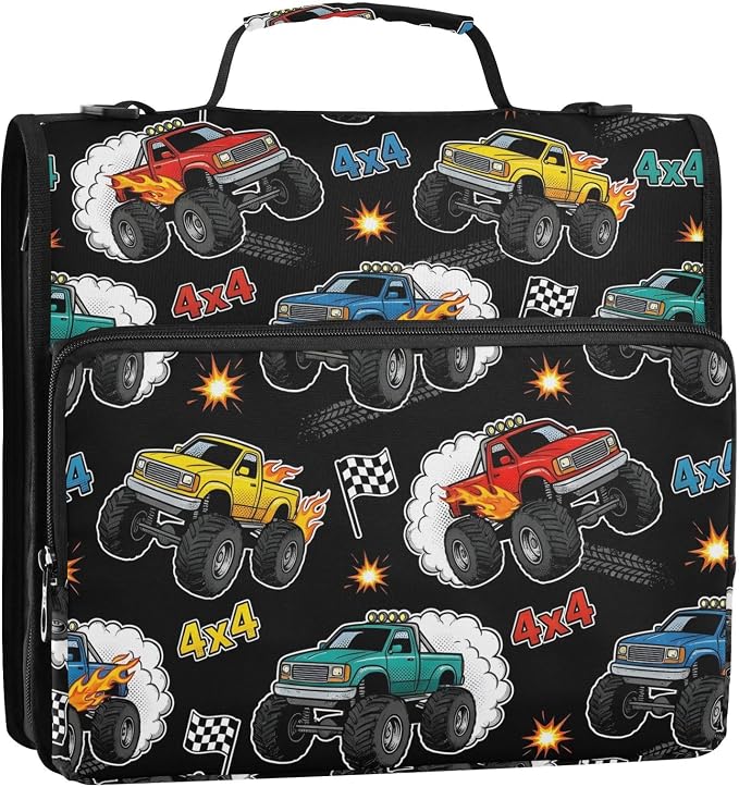Monster Truck Black Print Zipper Binder Bag 3 Ring with Shoulder Strap & Handle Multi Pocket Binder Organizer Bag Large Capacity for School Office Supplies