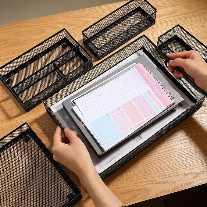5 Pack Desk Drawer Organizer Tray Set - Stackable Metal Mesh Desk Drawer Organizers and Accessories, for Office Supplies Storage(Black)