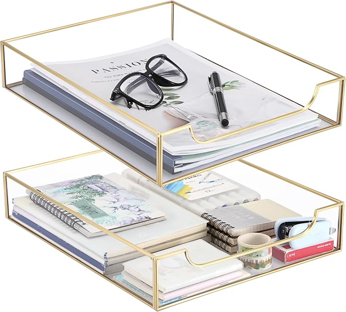 BTSKY 2 Pack Golden Glass Desk Tray, Multi-Purpose Organizer for A4 Paper, Documents, Desk Supplies, Makeup, Clear File Tray with Metal Frame, Stackable Decorative Storage for Home Office Vanity
