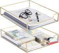 BTSKY 2 Pack Golden Glass Desk Tray, Multi-Purpose Organizer for A4 Paper, Documents, Desk Supplies, Makeup, Clear File Tray with Metal Frame, Stackable Decorative Storage for Home Office Vanity
