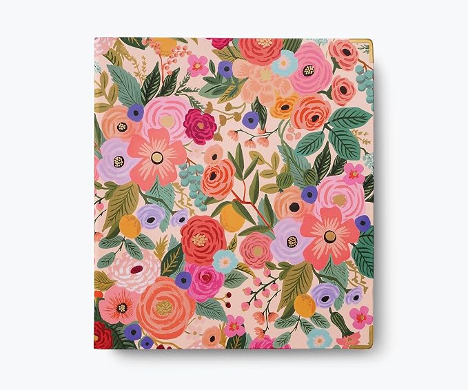 RIFLE PAPER CO. Garen Party Classic Binder w/Soft-Touch Illustrated Cover | 1" 3-Ring Binder, Holds 175 Pages, 3 Tabbed Dividers, Double-Sided Pocket Folder, 6 Adhesive Labels, Reinforced Metal Corners
