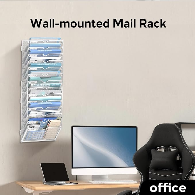 14-Tier Wall File Organizer and Hanging File Organizer, White | Wall Organizer and Wall Mounted File Holder with 14 Pockets and Label Panels for Files, Mail, Folders, Magazines and Paper