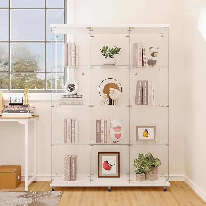FLYMUHJIA Curio Cabinets with Glass Doors Modern Glass Shelves Tempered Glass Display Cabinet with Lock Figure Display Case (4-Shelf 3-Door, White)