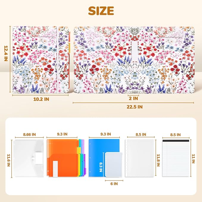 JoyCat 3 Ring Binder Clipboard with Storage, 5 Folders, Flower | 3 ring clipboard portfolio combines five expandable folders, a refillable letter-size notepad and storage