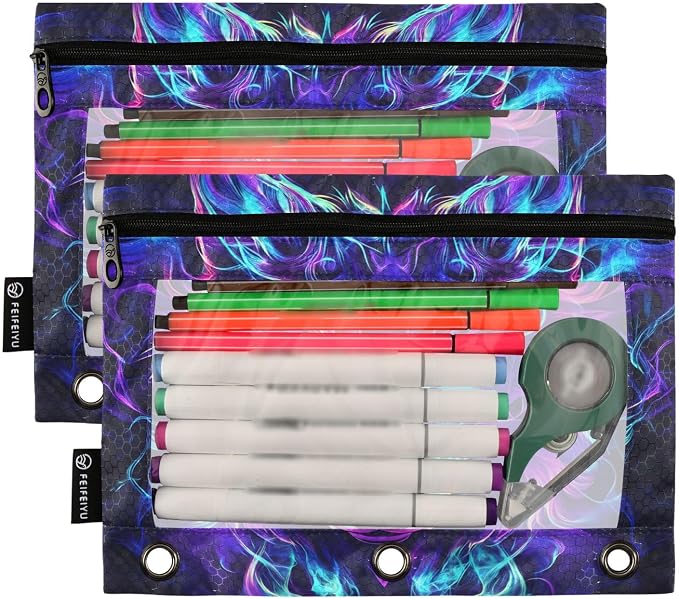 Mystical Wolf Face Pencil Pouch for 3 Ring Binder, 2 Pack Waterproof Pencil Bags Clear Window Pencil Case Zipper School Office Supplies