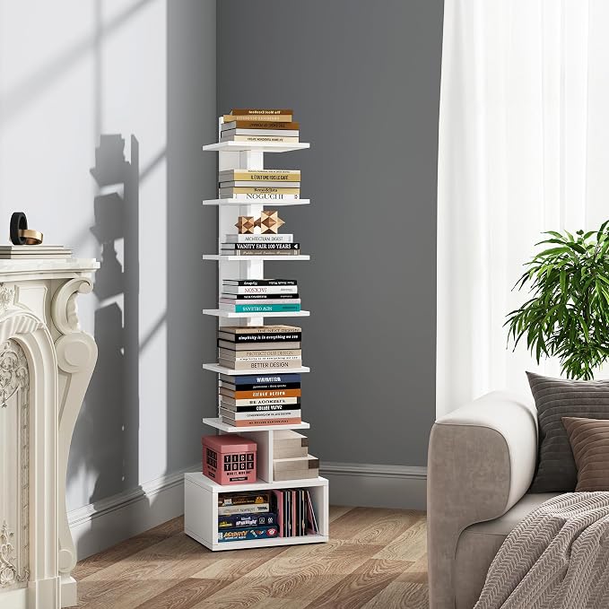TUTOTAK Book Shelf, Narrow Spine Bookshelf, 8-Tier Bookcase for Small Space | 10.4 x 11.8 x 47.5 Inches Vertical Freestanding Corner Shelf for Living Room, Office, Study, Entryway, White BS07BW008