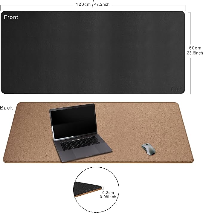 Cacoy 48"x24" Dual-Sided Desk Pad Blotter, Cork & PU Leather Desk Mat,Black | Cork Desk Protector Large Mouse Pad Leather Desk Organization and Accessories Non-Slip Stitched Edges Waterproof Writing Pad