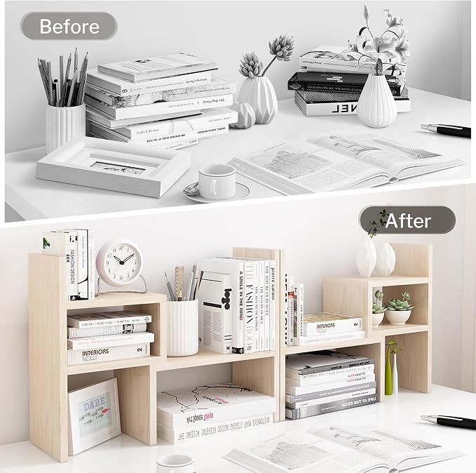 Jerry & Maggie Desktop Organizer Office Storage Rack Adjustable Wood Display Shelf, White, 5 Units, 16"L x 15.8"H x 6.8"W | Wooden Desk Organizer, Cute Dorm & Cubicle Decor. Stores Makeup & Mini Plants, Space-Saving Storage for Small College Rooms