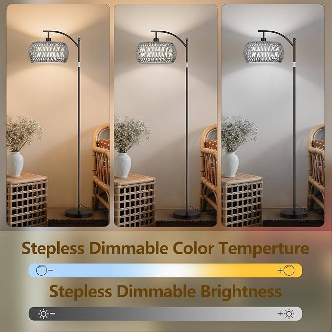 Rattan Floor Lamps for Living Room, Boho Standing Lamps with Grey Rattan& Linen Double Shades, Arc Lamps Floor Standing with 9W Bulb, Foot Switch, Bohemian Floor Lamps for Bedroom, Office-black