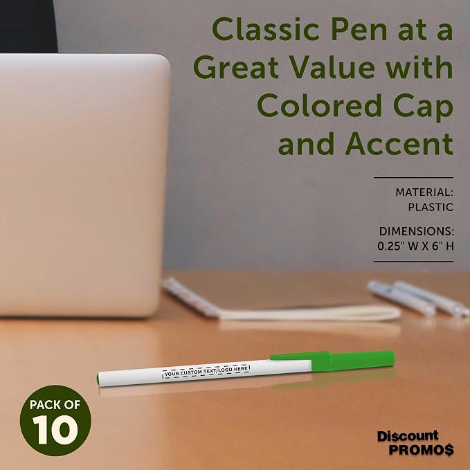 DISCOUNT PROMOS Custom Value Stick Pens Set of 10, Personalized Bulk Pack - Blue Ink, Great for Office, School, Business, Tradeshows, Events - Green Cap