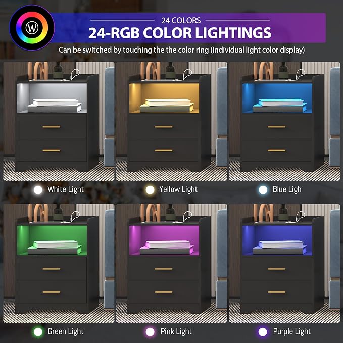 dnbss RGB Nightstand with Charging Station, Smart Bedside Table, Black | LED Night Stand, 2 Drawers, 1 Compartment, Human Body Sensor, Modern End Side Table for Bedroom Living Room Office Storage
