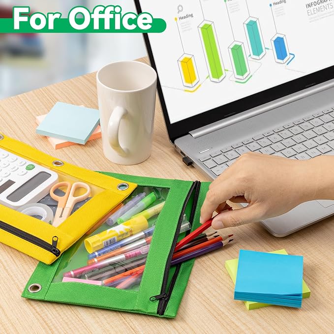 288 Pack Bulk 3-Holes Zipper Pencil Pouches for 3 Ring Binder | Sturdy Cloth Pencil Case, Durable, Clear Window, Office, School and College Supplies