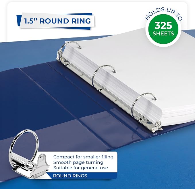 Samsill 1.5 Inch 3 Ring Binders, Economy Round Ring, Clear View Cover, 325 Sheet Capacity - for School, Home, Office - Blue, 12 Pack