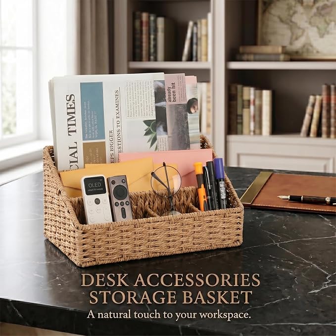 Mail Organizer for Desk - Countertop Mail Sorter & Magazine Holder, Brown Desk Organizer with 5 Compartments for Letters, Bills, Office Supplies, 12.7'' L x 6.3'' W x 7.1" H