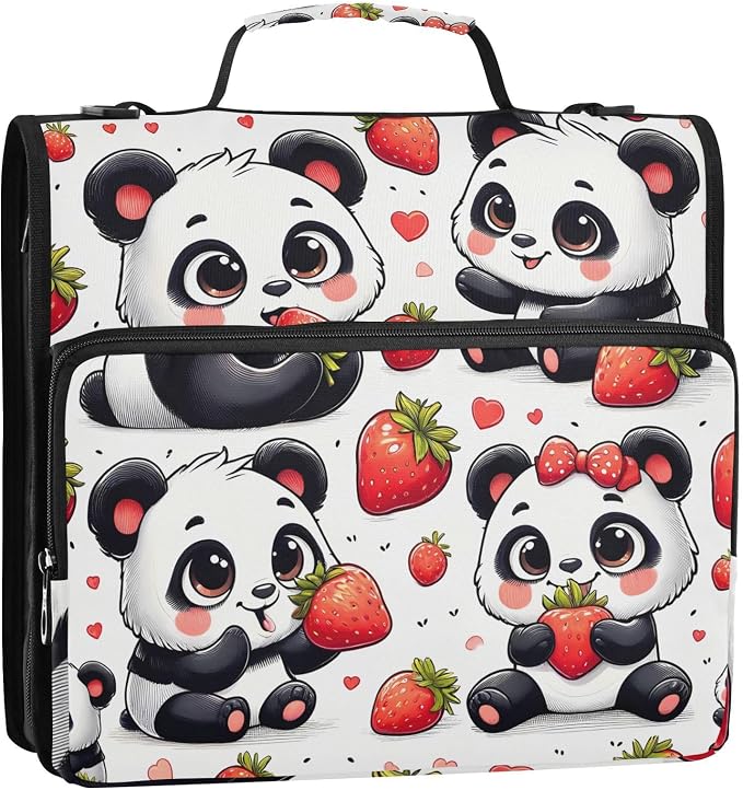 3 Ring Zipper Binder with Shoulder Strap Panda Red Strawberry 1.5 inch Binders Keeper Large Capacity Multi Pockets for School Office Supplies