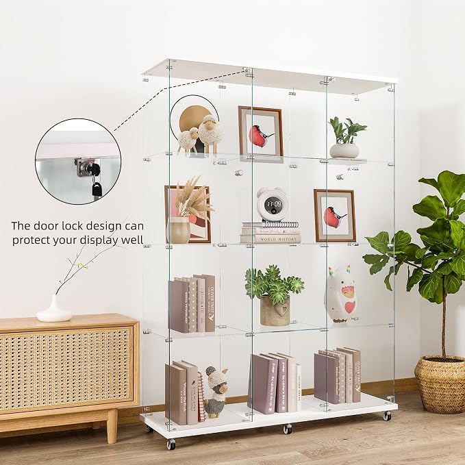 FLYMUHJIA Curio Cabinets with Glass Doors Modern Glass Shelves Tempered Glass Display Cabinet with Lock Figure Display Case (4-Shelf 3-Door, White)