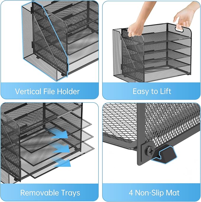 5-Tier Desk Organizer with File Holder, Paper Organizer for Desk, Black | 5 Letter Trays and Vertical File Holder with Metal Mesh Frame for Papers Folders Books and Mail in Office Home or School