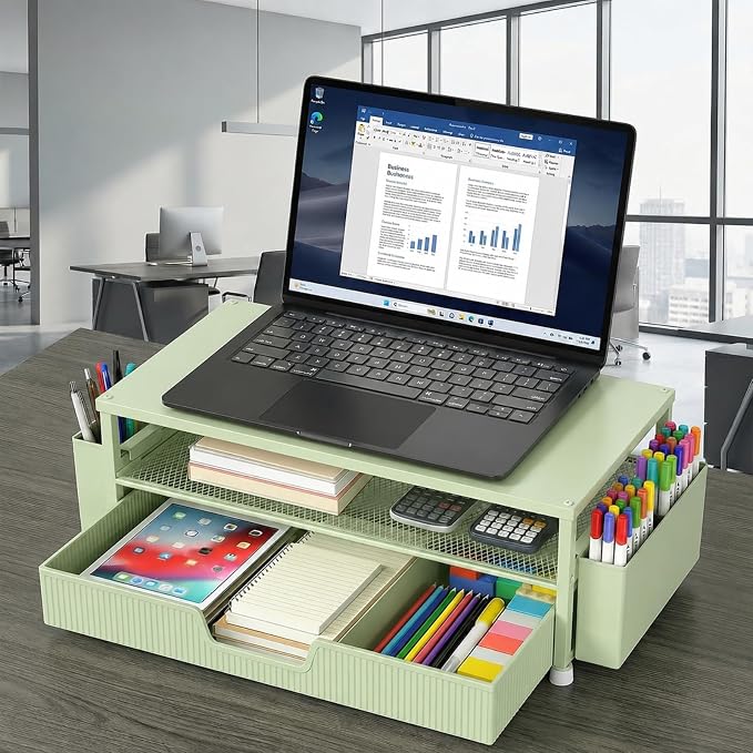 ECOLOVI Desk Organizer and Accessories, 2-Tier Computer Monitor Stand Rise with Storage Drawer & 2 Pen Holders, Laptop & Printer Stand for Desktop, Workspace Organizers for Office Supplies (Green)