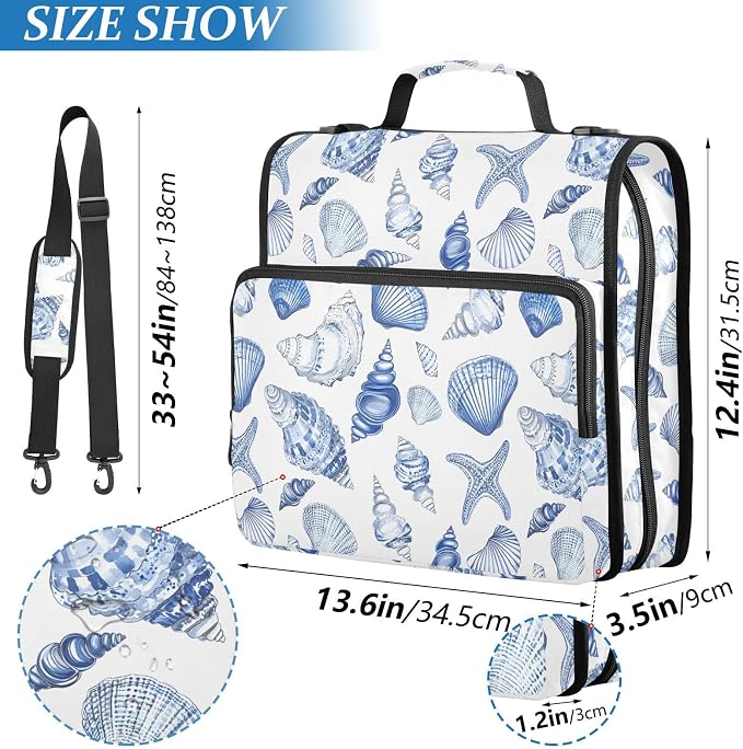 Navy Seashells Zipper Binder 3 Ring with Handle and Shoulder Strap, 500 Sheet Binder Organizer Capacity & Multi-Pockets for School Office