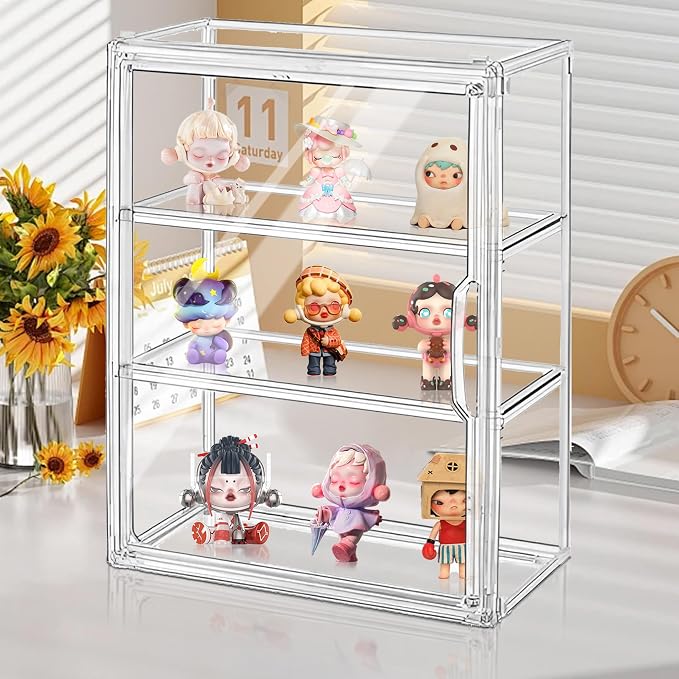 3 Tier Clear Display Case for Figures,Acrylic Storage Organizer Box, 2 Pack | Figure Display Case with 2 Movable Plates, Stackable Display Case with Magnetic Door, Dustproof Showcase for Collectibles