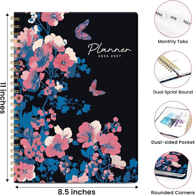 Planner 2026-2027, Academic Year Monthly & Weekly Planner Caledndar, July 2026 - June 2027, Hardcover Large Planning Agenda Book with Tabs for School Office Supplies, 8.5" x 11" - Butterfly Night