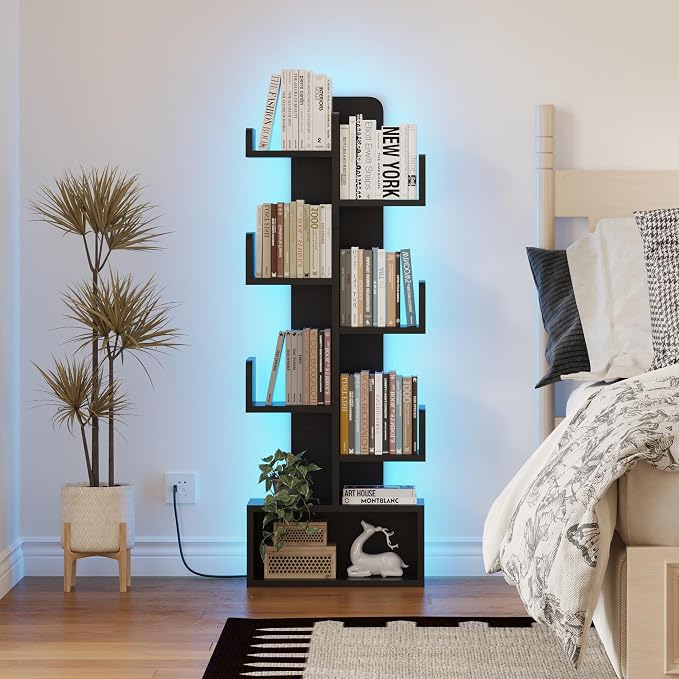 Qupui 6-Tier LED Bookshelf, 47" Tall Cactus Corner Bookcase, Black | RGB 22 Modes 6 Brightness Levels. Cactus-inspired Tree Design. Engineered Wood. 6 Shelves Hold 5-10 Books Each. For Bedroom