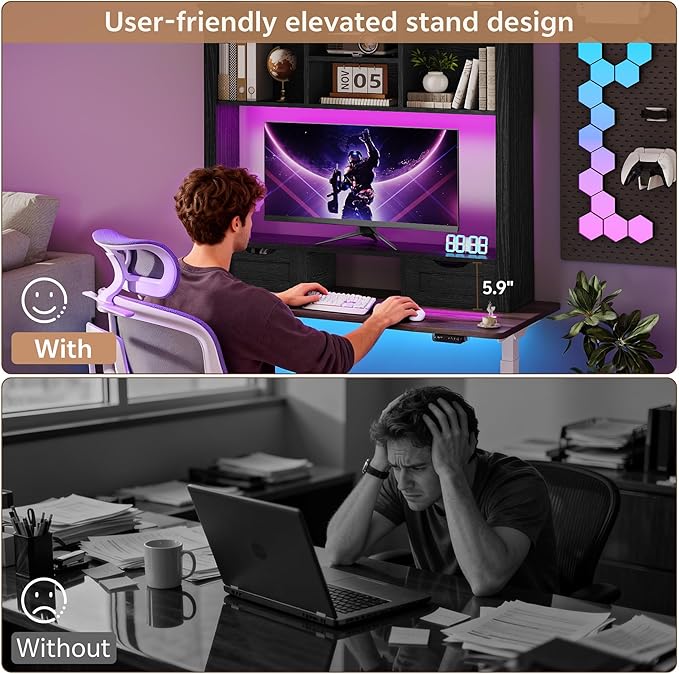 Desk Shelf with Computer Monitor Stand, 37.4''W Desktop Bookshelf | Display Rack, Desktop Organizer Storage Rack with Cubbies & Drawers, 5-Tier Hutch for Home, Office, Dorm, Vanity, Black