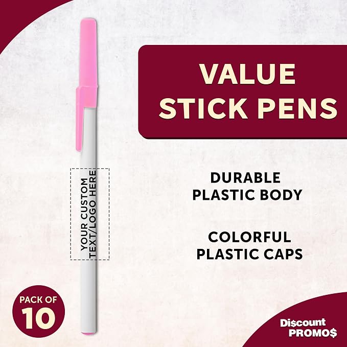 DISCOUNT PROMOS Custom Value Stick Pens Set of 10, Personalized Bulk Pack - Black Ink, Great for Office, School, Business, Tradeshows, Events - Pink